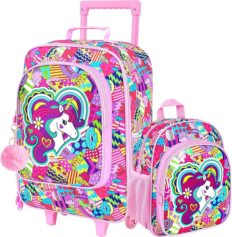 FTJCF Store 2Pcs Girls Luggage Set, 18" Kids Unicorn Carry on Suitcase with Wheels, Cute Unicorn Travel Rolling with 12" Toddler Backpack(Pink) - Image 1